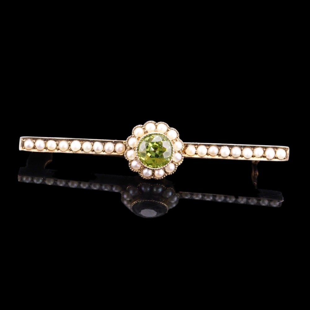 Antique Victorian Peridot and Seed Pearl Cluster Brooch 9ct Gold - c.1900