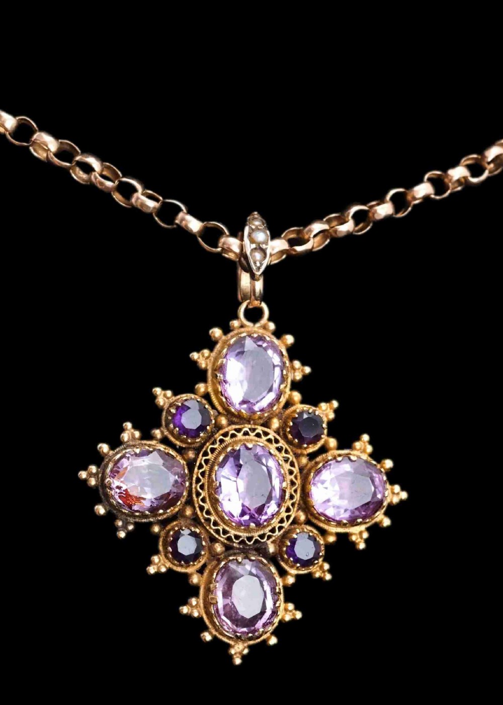 Antique Georgian 18ct Gold Amethyst Pendant Necklace Cannetille - c.1820