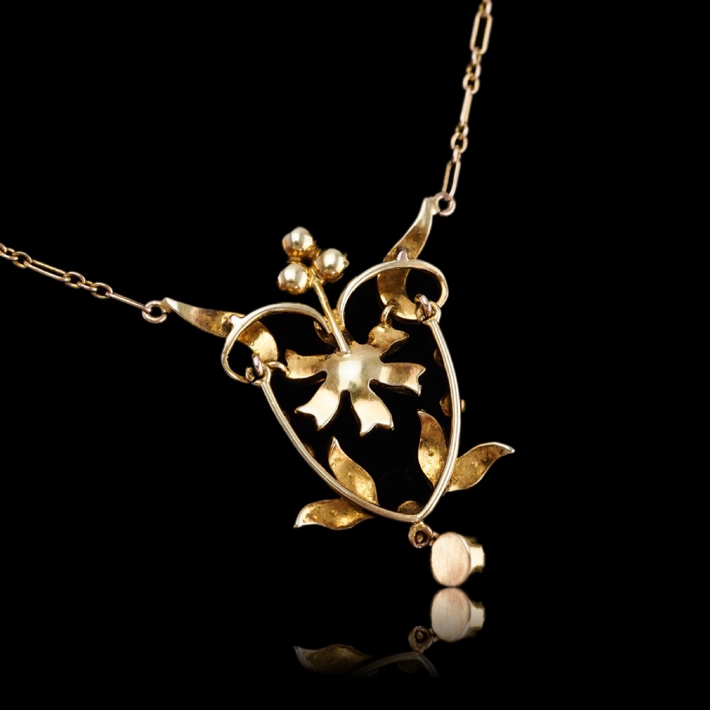 Antique Victorian/Edwardian Pearl Necklace 14ct Gold Flower Design - c.1900 View V