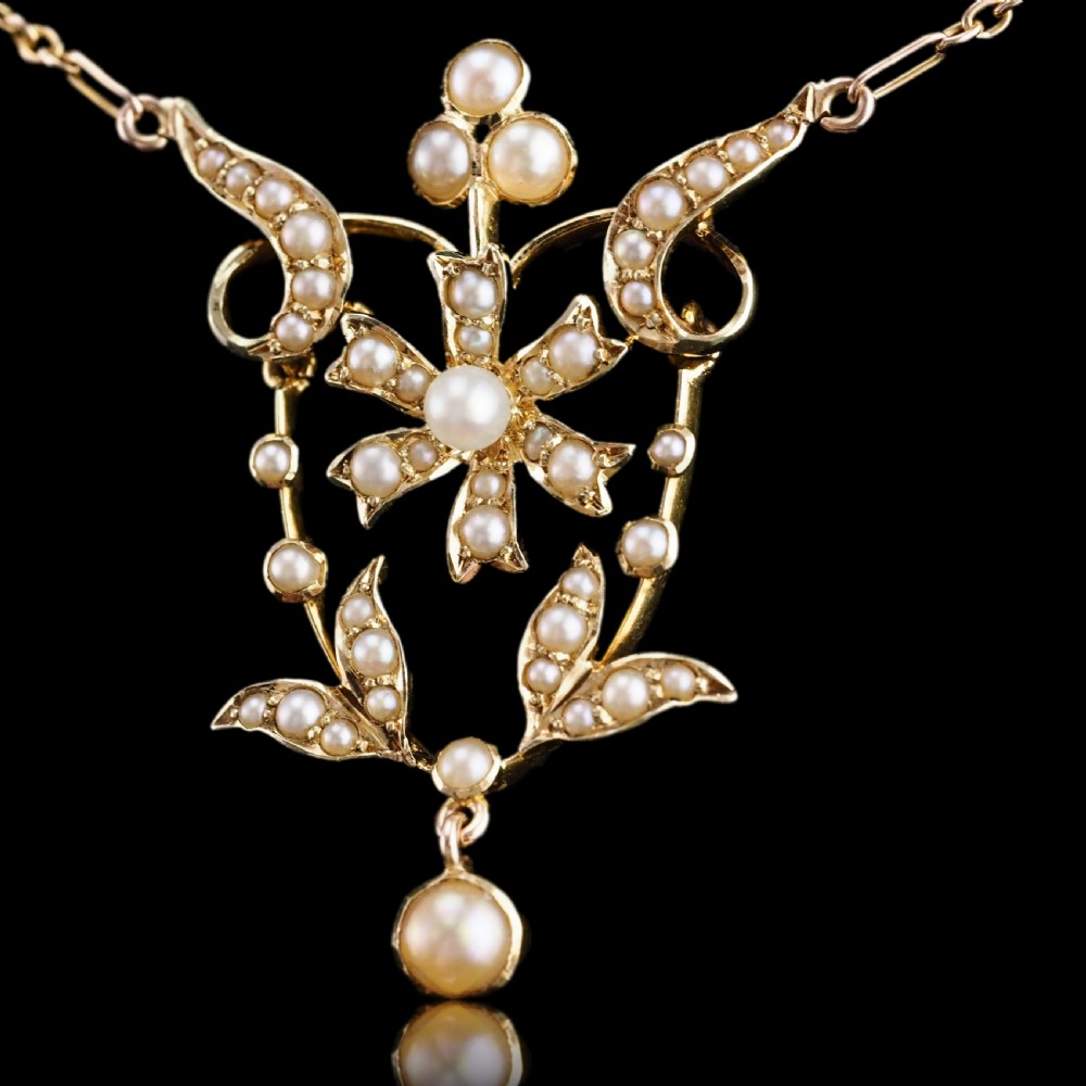 Antique Victorian/Edwardian Pearl Necklace 14ct Gold Flower Design - c.1900 View VI