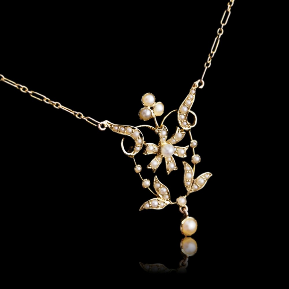 Antique Victorian/Edwardian Pearl Necklace 14ct Gold Flower Design - c.1900 View VIII