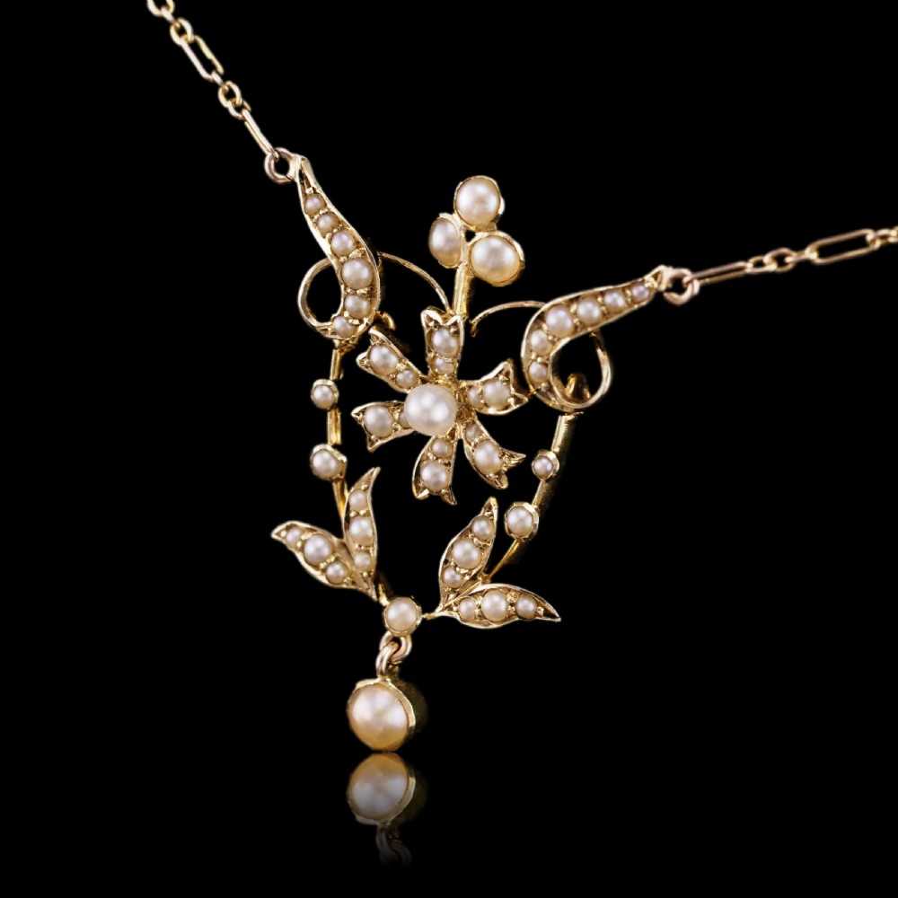 Antique Victorian/Edwardian Pearl Necklace 14ct Gold Flower Design - c.1900 View IX