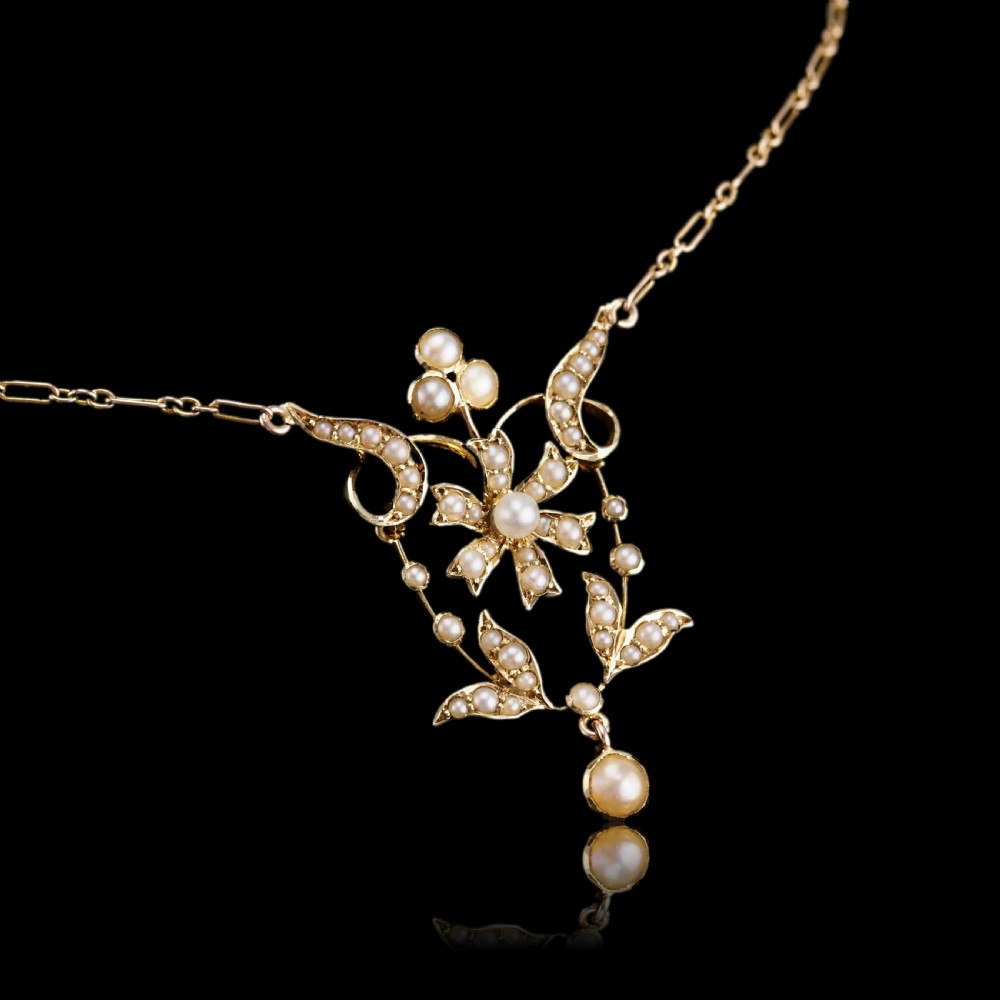 Antique Victorian/Edwardian Pearl Necklace 14ct Gold Flower Design - c.1900 View X