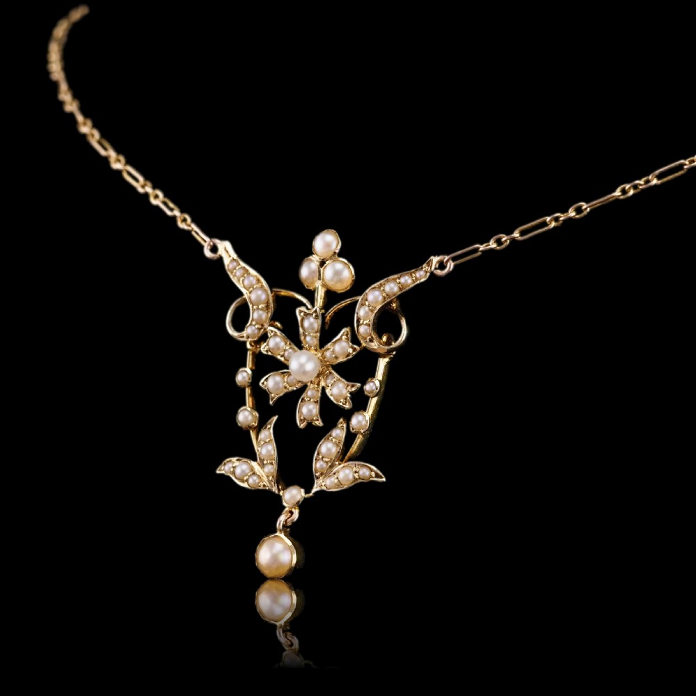 Antique Victorian/Edwardian Pearl Necklace 14ct Gold Flower Design - c.1900 View XI