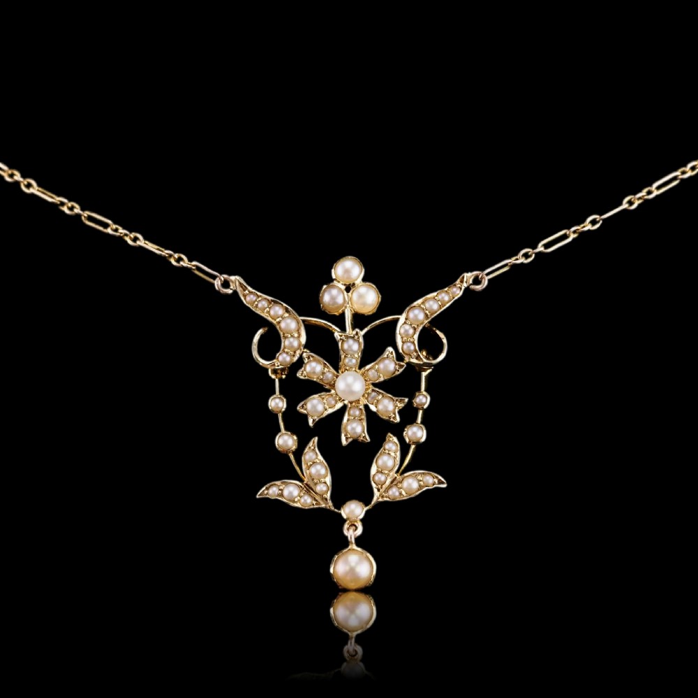Antique Victorian/Edwardian Pearl Necklace 14ct Gold Flower Design - c.1900 View XIII