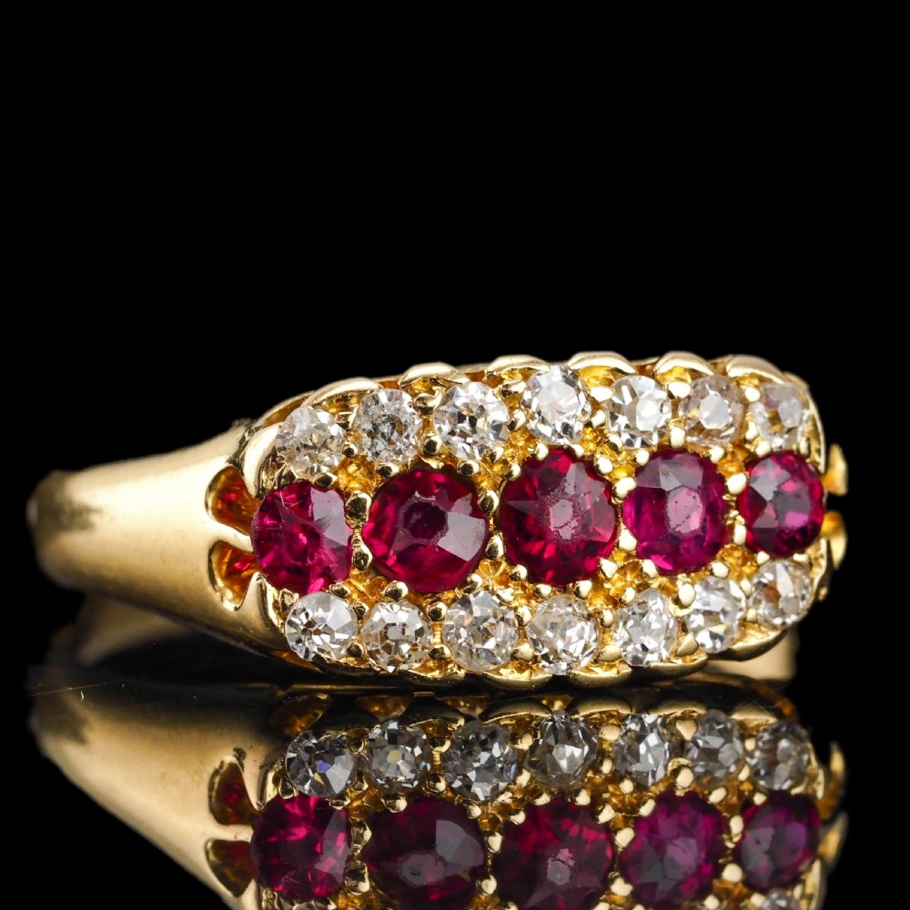 Antique Victorian Ruby & Diamond 18ct Gold Cluster Boat Shaped Ring - 1896 