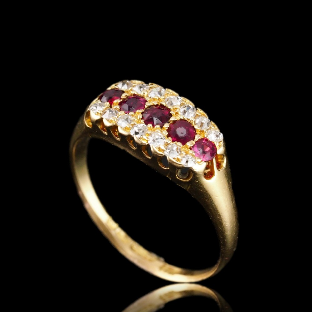 Antique Victorian Ruby & Diamond 18ct Gold Cluster Boat Shaped Ring - 1896  View III