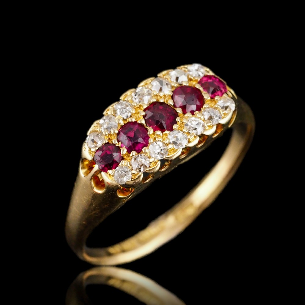 Antique Victorian Ruby & Diamond 18ct Gold Cluster Boat Shaped Ring - 1896  View IV