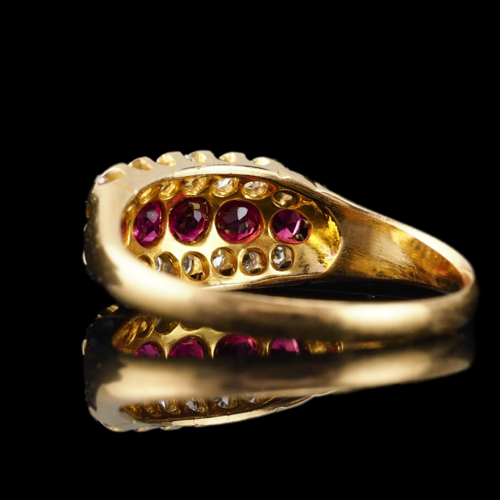 Antique Victorian Ruby & Diamond 18ct Gold Cluster Boat Shaped Ring - 1896  View V