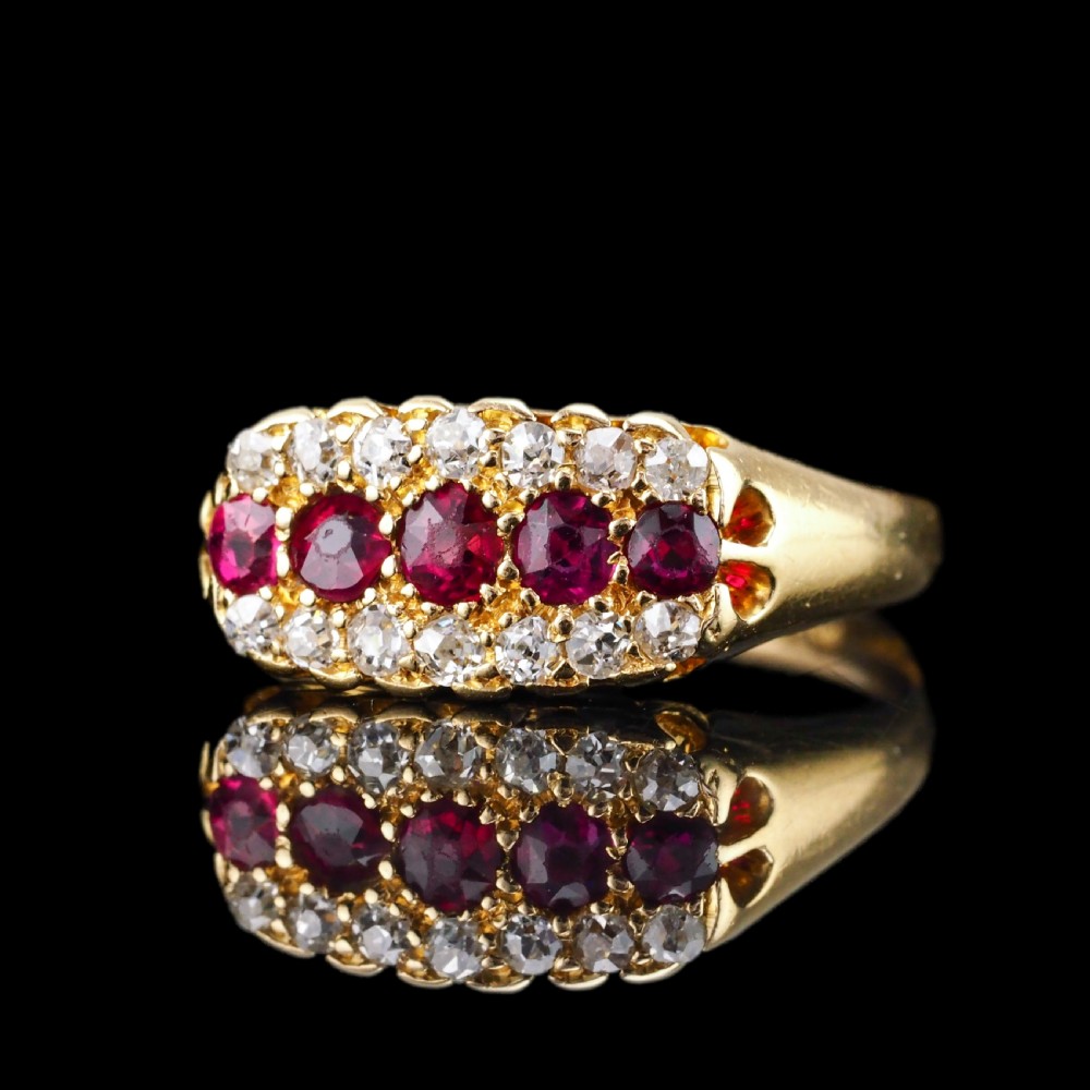 Antique Victorian Ruby & Diamond 18ct Gold Cluster Boat Shaped Ring - 1896  View VIII