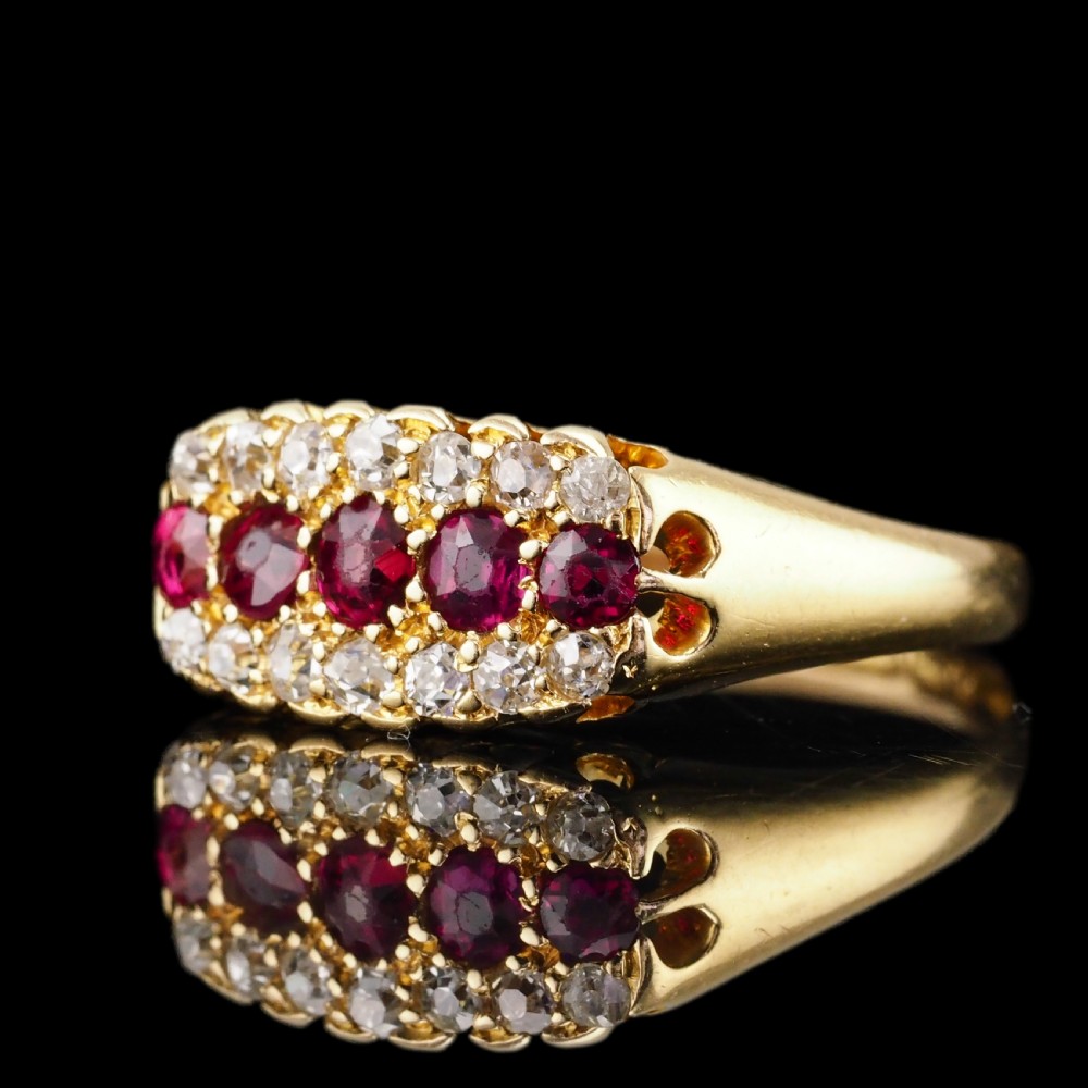 Antique Victorian Ruby & Diamond 18ct Gold Cluster Boat Shaped Ring - 1896  View IX