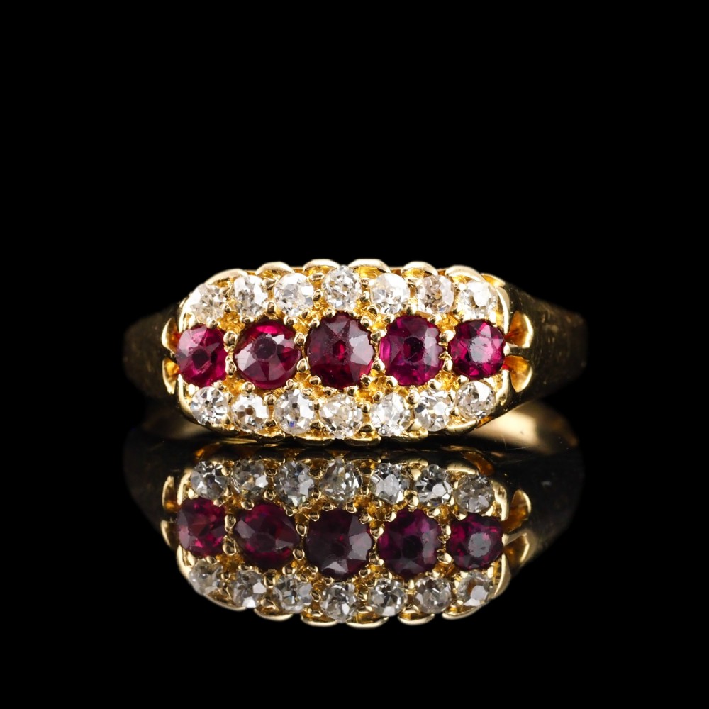 Antique Victorian Ruby & Diamond 18ct Gold Cluster Boat Shaped Ring - 1896  View X