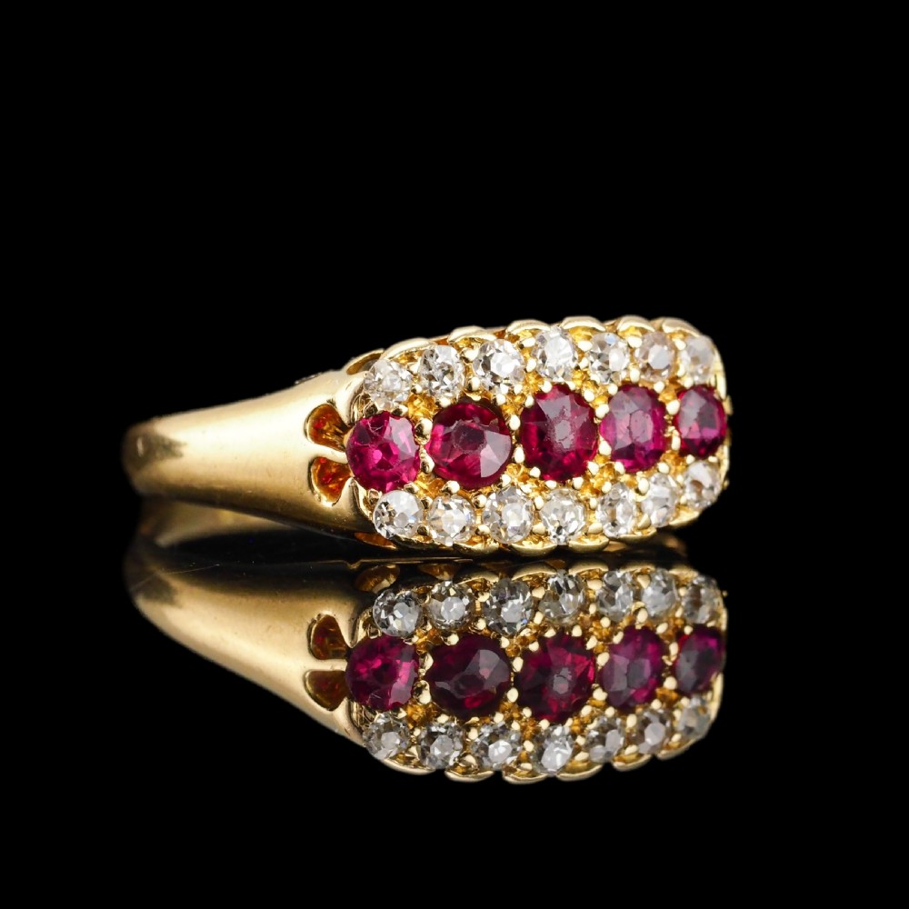 Antique Victorian Ruby & Diamond 18ct Gold Cluster Boat Shaped Ring - 1896  View XI