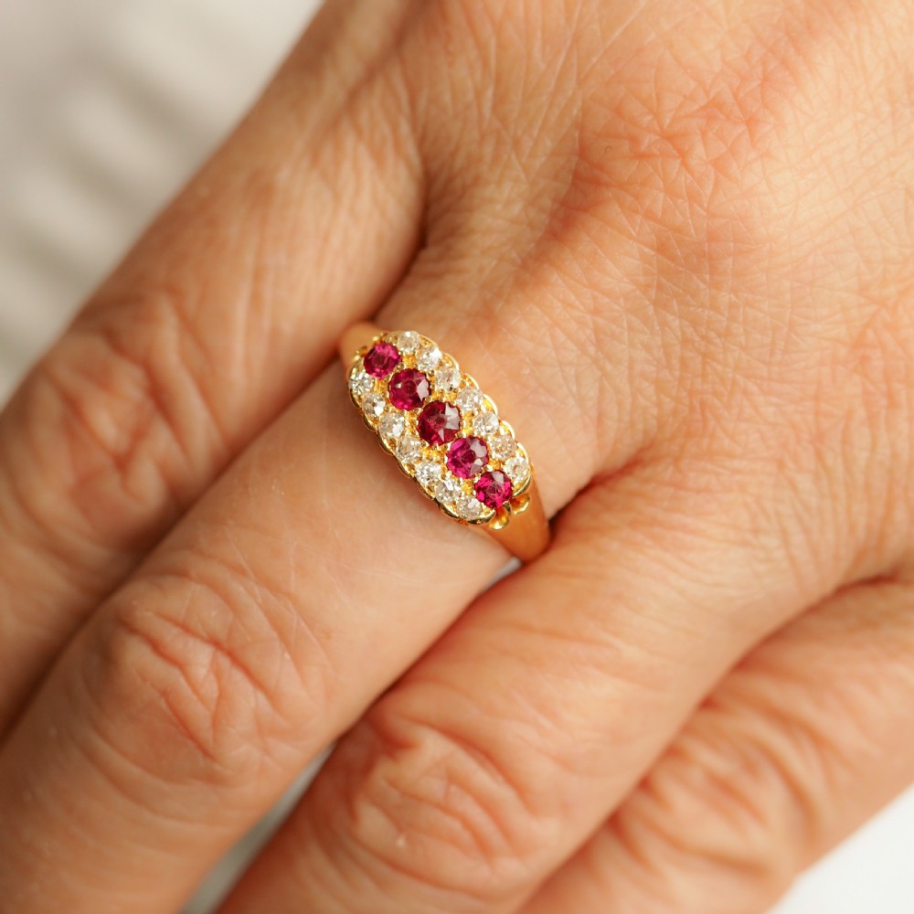 Antique Victorian Ruby & Diamond 18ct Gold Cluster Boat Shaped Ring - 1896  View XII