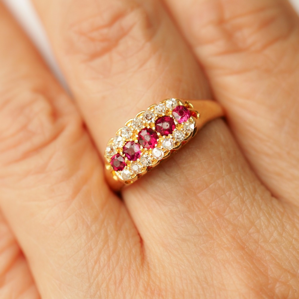 Antique Victorian Ruby & Diamond 18ct Gold Cluster Boat Shaped Ring - 1896  View XIII