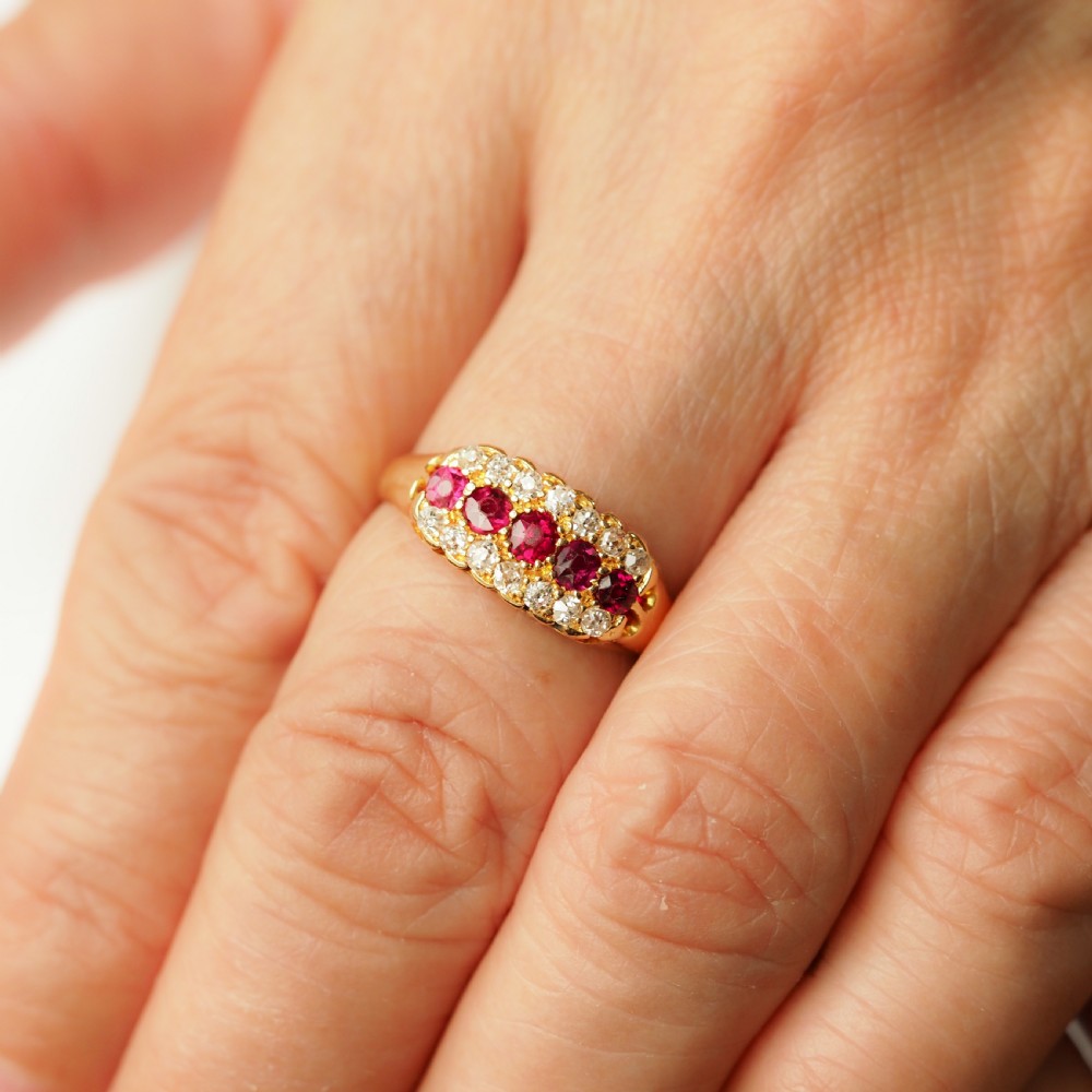 Antique Victorian Ruby & Diamond 18ct Gold Cluster Boat Shaped Ring - 1896  View XV