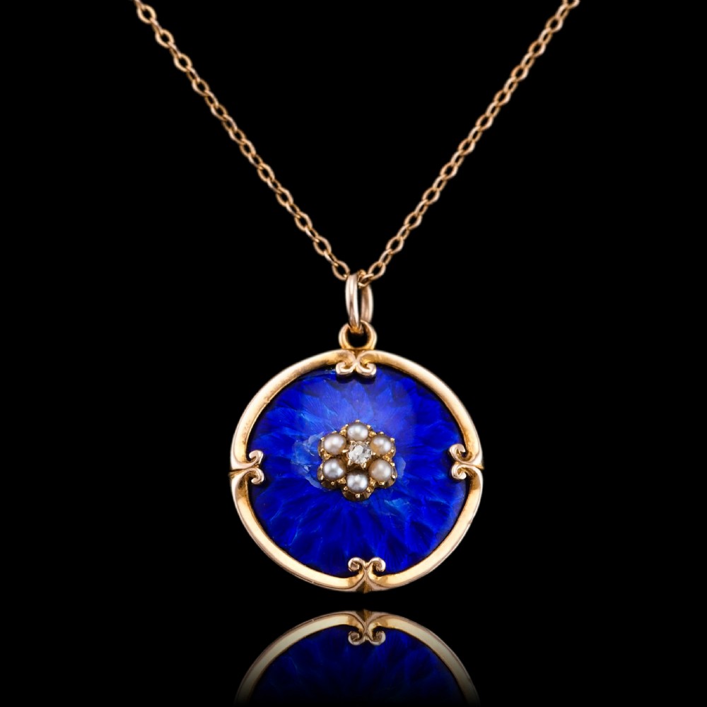 Antique Diamond, Pearl and Blue Enamel 9ct Gold Pendant Necklace - C.1900