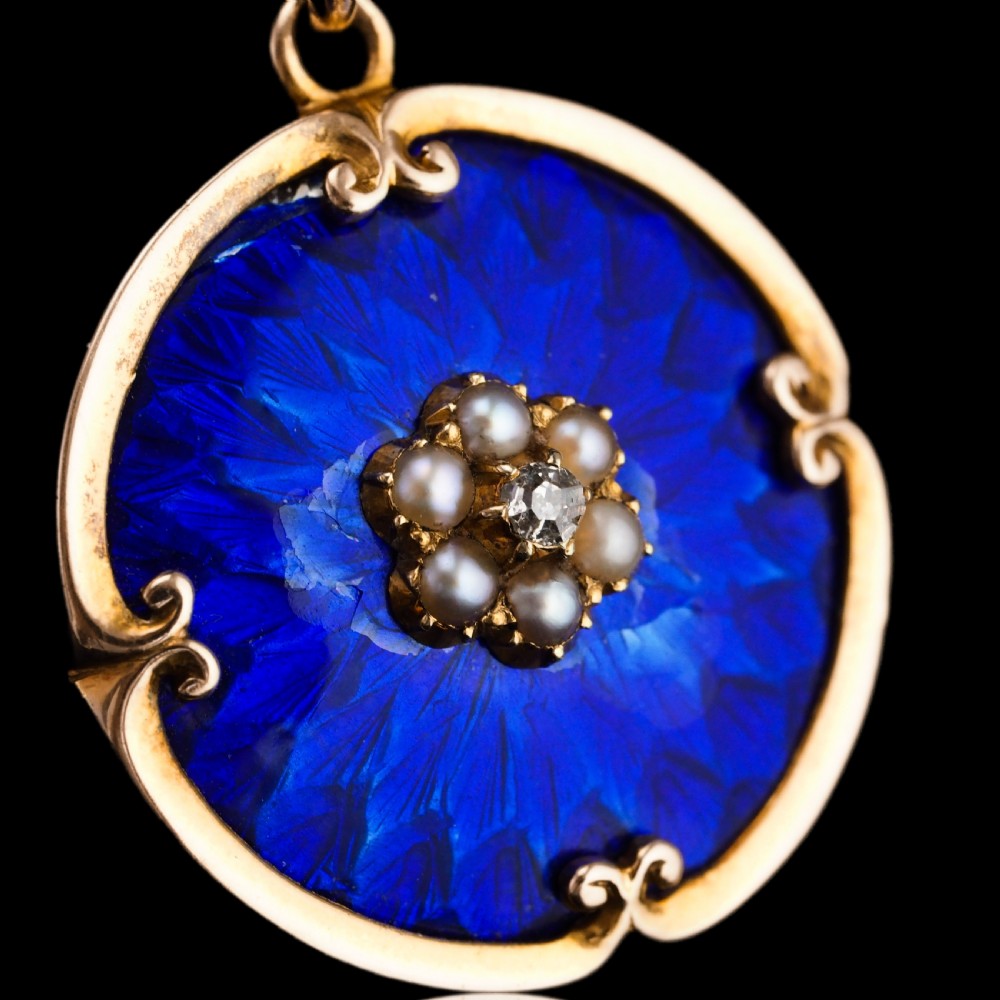 Antique Diamond, Pearl and Blue Enamel 9ct Gold Pendant Necklace - C.1900 View II