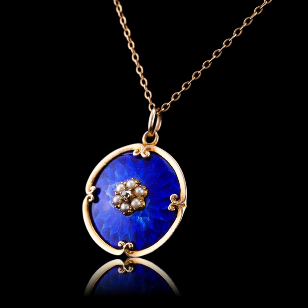 Antique Diamond, Pearl and Blue Enamel 9ct Gold Pendant Necklace - C.1900 View IV
