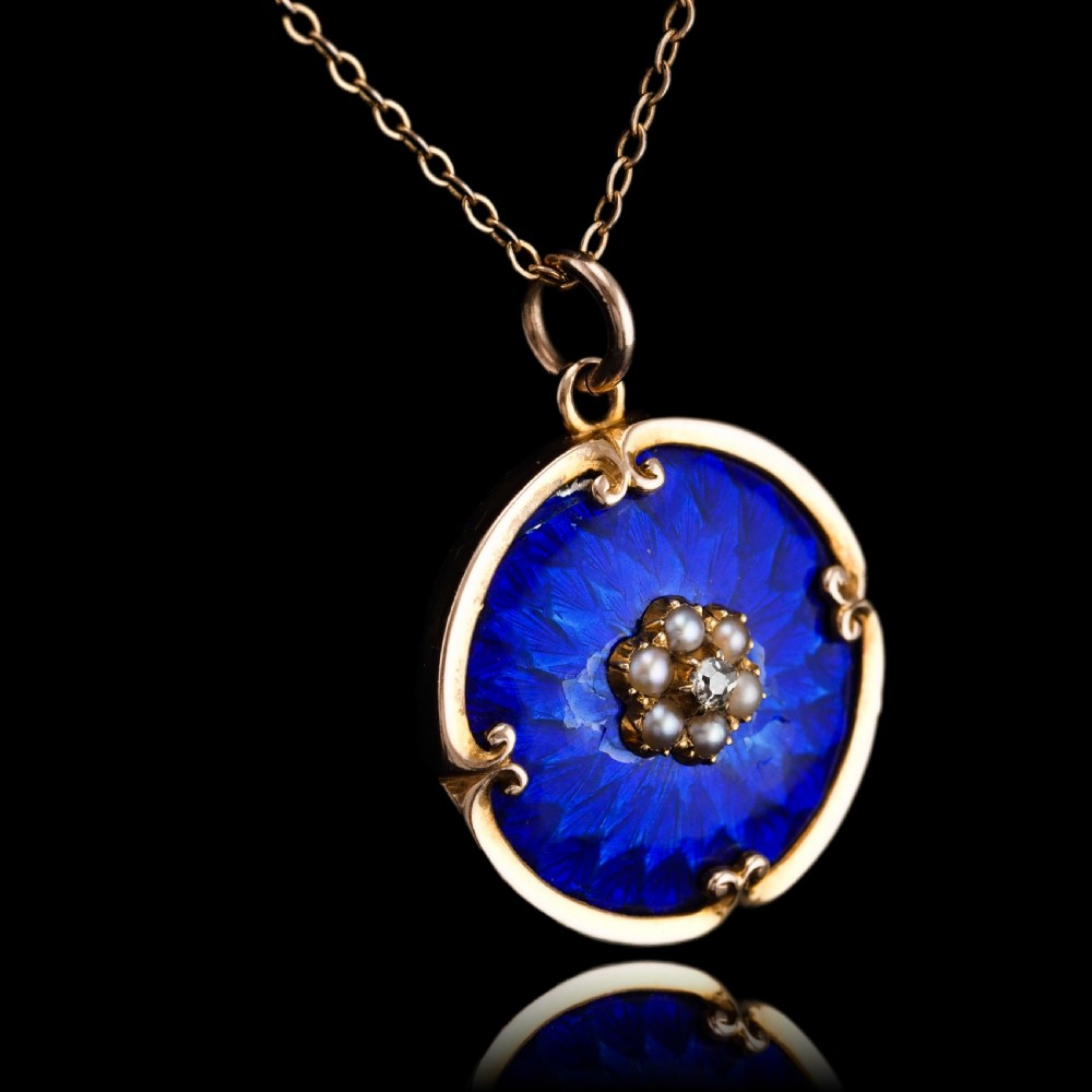 Antique Diamond, Pearl and Blue Enamel 9ct Gold Pendant Necklace - C.1900 View V