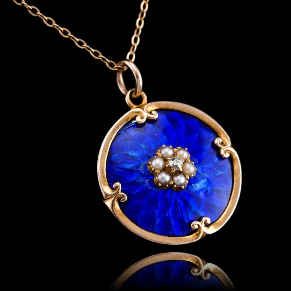 Antique Diamond, Pearl and Blue Enamel 9ct Gold Pendant Necklace - C.1900 View VII