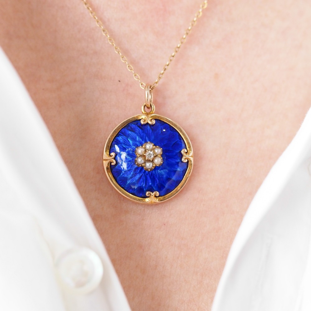 Antique Diamond, Pearl and Blue Enamel 9ct Gold Pendant Necklace - C.1900 View IX