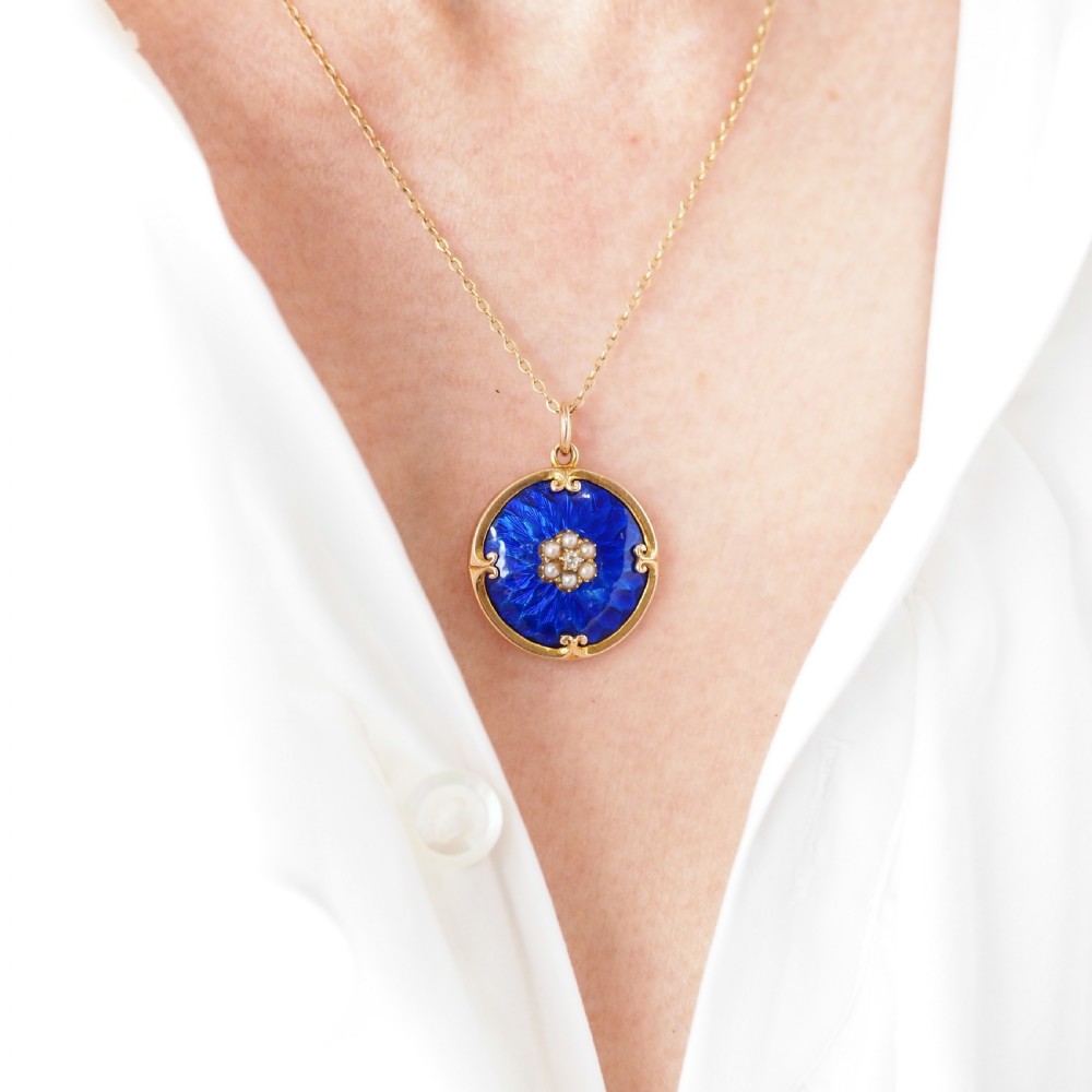 Antique Diamond, Pearl and Blue Enamel 9ct Gold Pendant Necklace - C.1900 View X