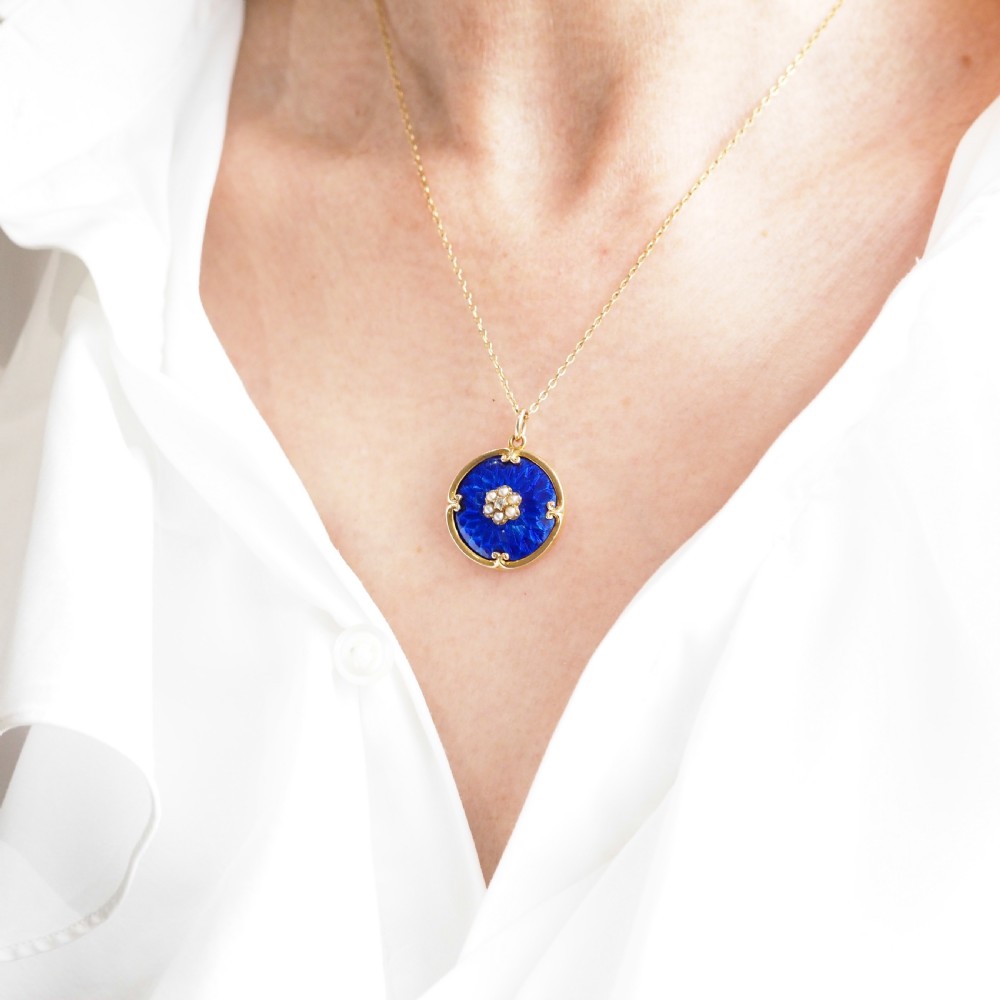 Antique Diamond, Pearl and Blue Enamel 9ct Gold Pendant Necklace - C.1900 View XI