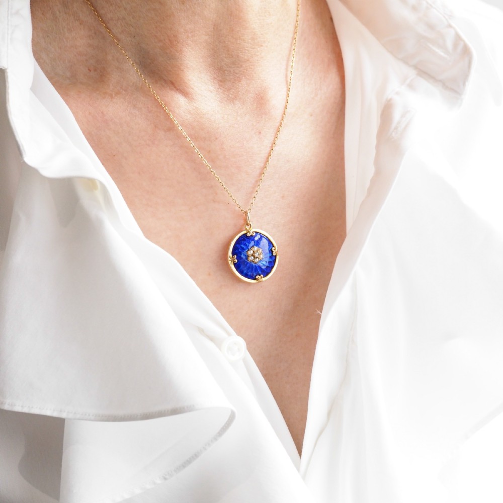Antique Diamond, Pearl and Blue Enamel 9ct Gold Pendant Necklace - C.1900 View XII