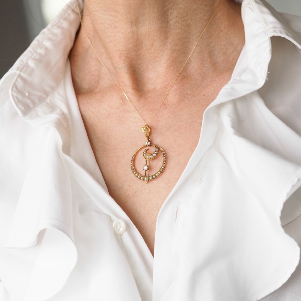 Antique Diamond and Pearl Pendant Necklace 14ct Gold Double Crescent Moon C.1900 View II