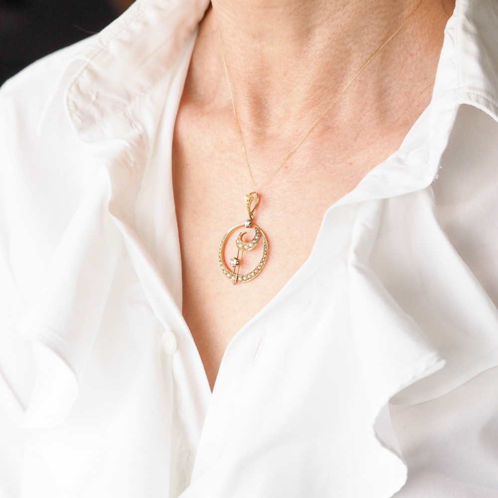 Antique Diamond and Pearl Pendant Necklace 14ct Gold Double Crescent Moon C.1900 View III