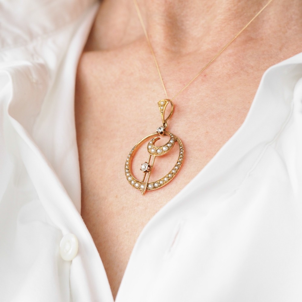 Antique Diamond and Pearl Pendant Necklace 14ct Gold Double Crescent Moon C.1900 View IV
