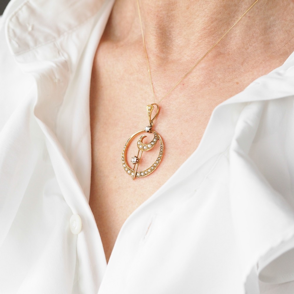 Antique Diamond and Pearl Pendant Necklace 14ct Gold Double Crescent Moon C.1900 View V