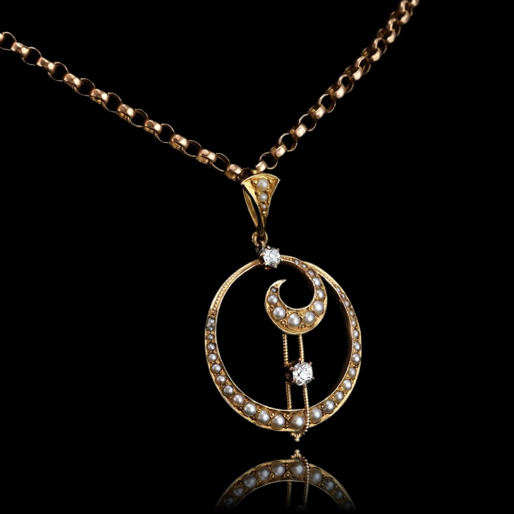 Antique Diamond and Pearl Pendant Necklace 14ct Gold Double Crescent Moon C.1900 View VI