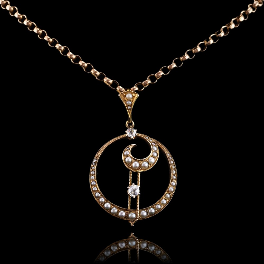 Antique Diamond and Pearl Pendant Necklace 14ct Gold Double Crescent Moon C.1900 View VII
