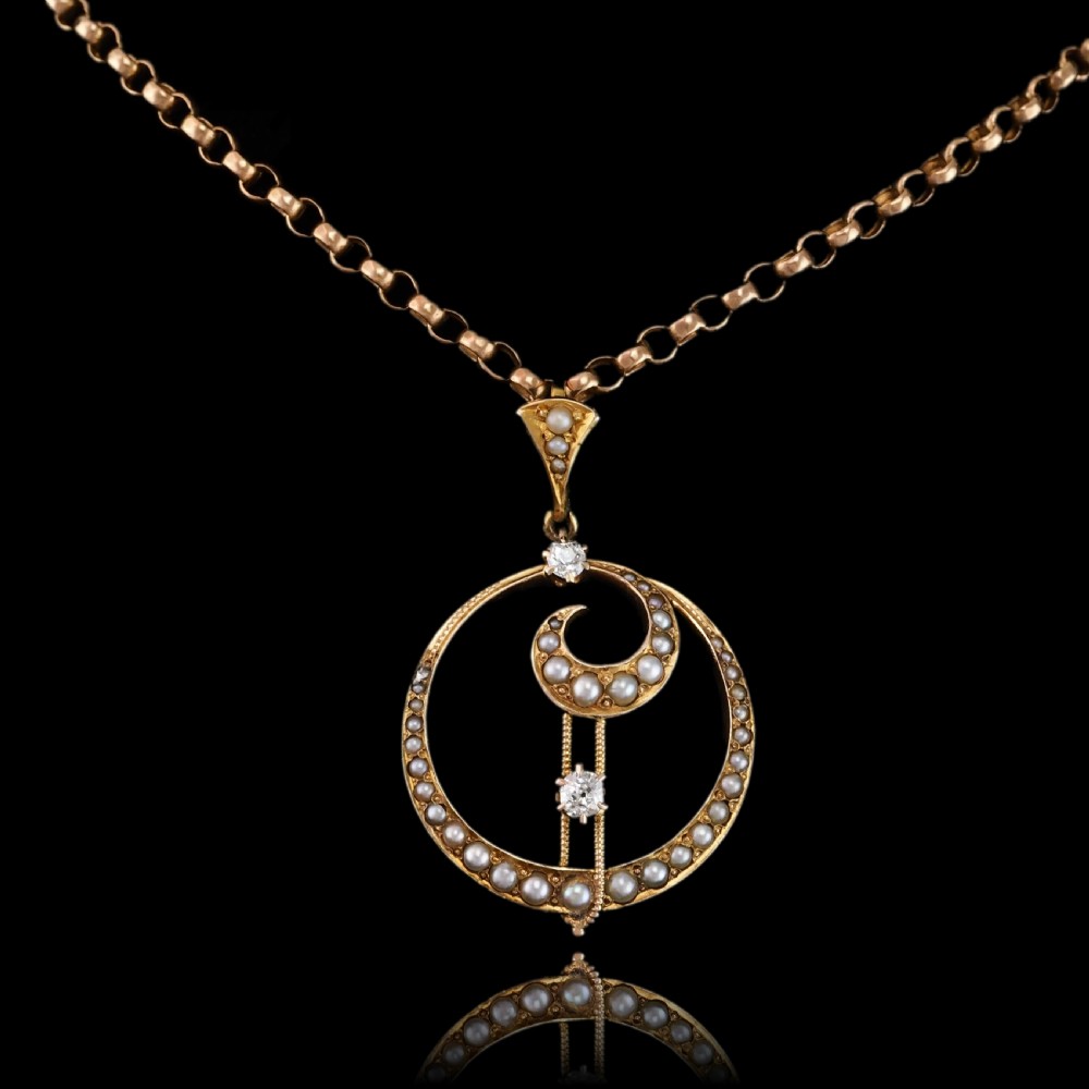 Antique Diamond and Pearl Pendant Necklace 14ct Gold Double Crescent Moon C.1900 View VIII