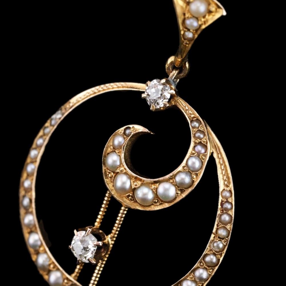 Antique Diamond and Pearl Pendant Necklace 14ct Gold Double Crescent Moon C.1900 View IX