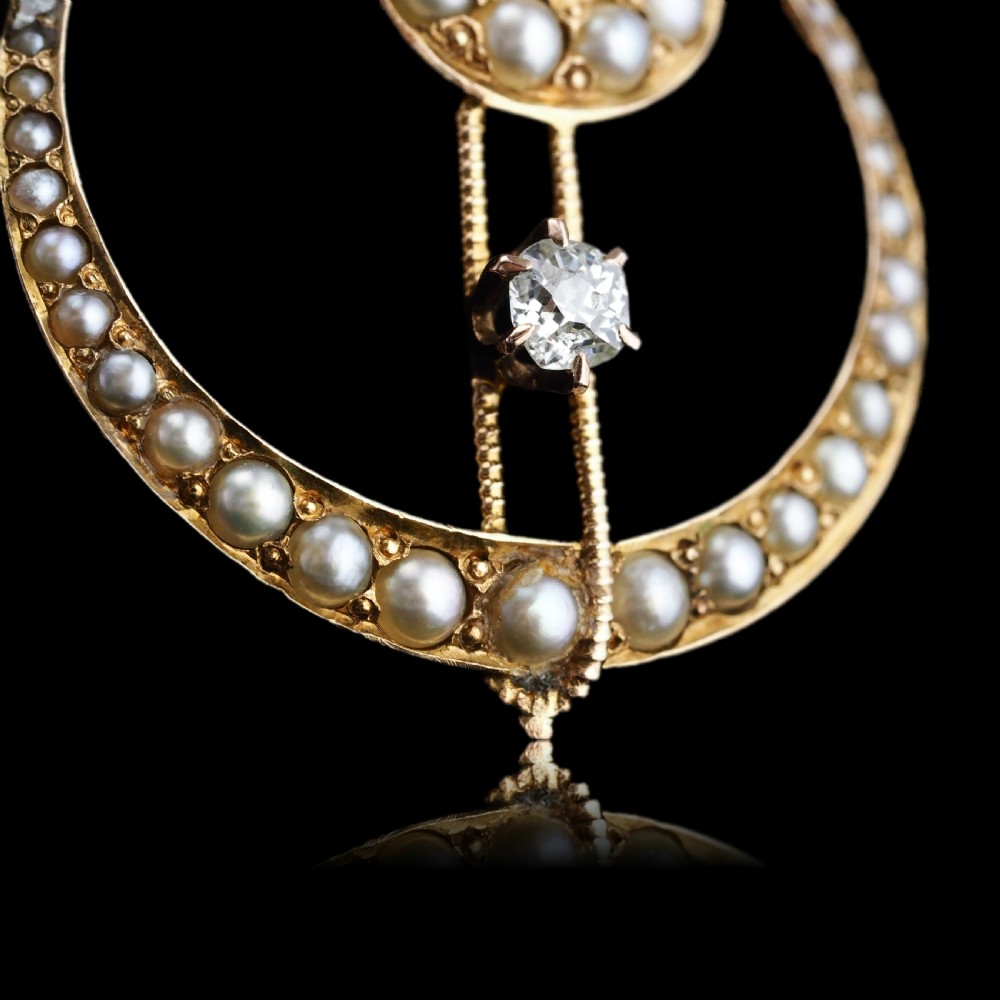 Antique Diamond and Pearl Pendant Necklace 14ct Gold Double Crescent Moon C.1900 View X