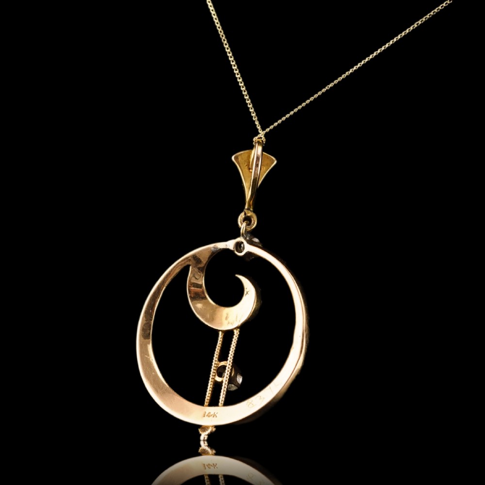 Antique Diamond and Pearl Pendant Necklace 14ct Gold Double Crescent Moon C.1900 View XI