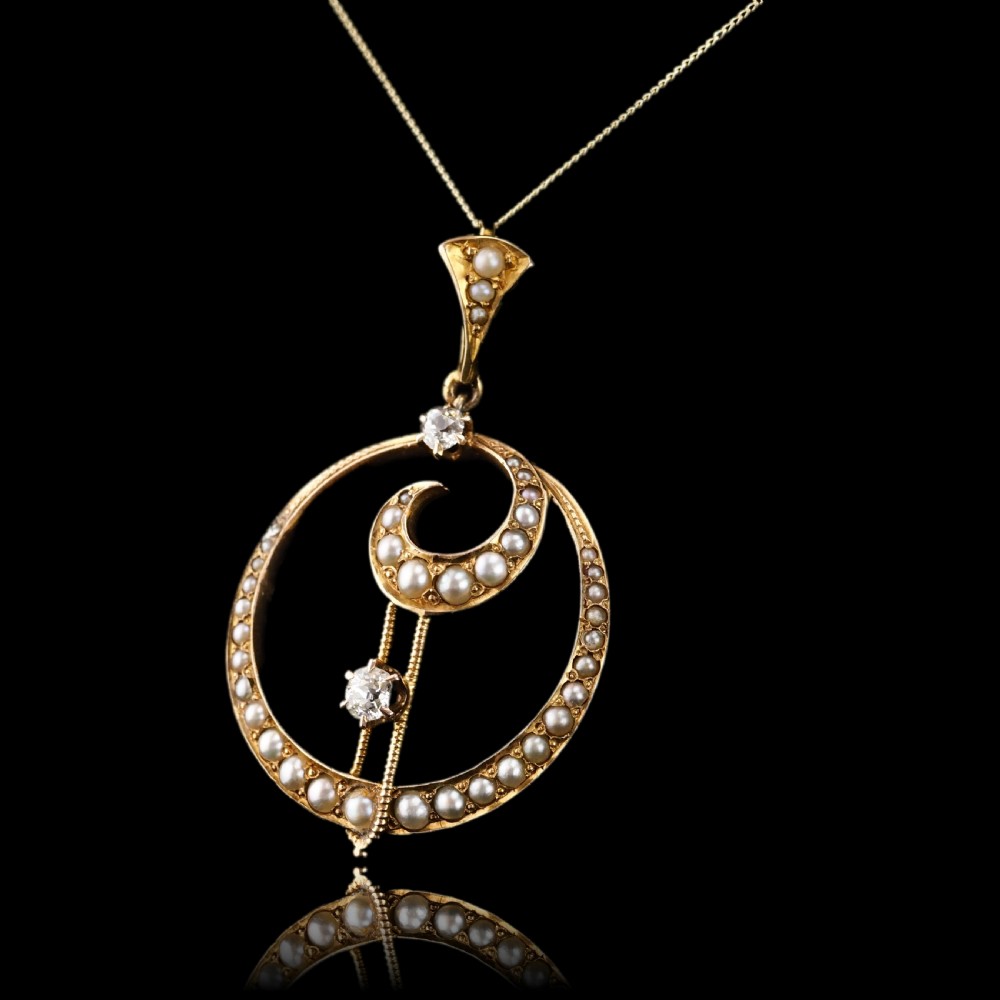 Antique Diamond and Pearl Pendant Necklace 14ct Gold Double Crescent Moon C.1900 View XII