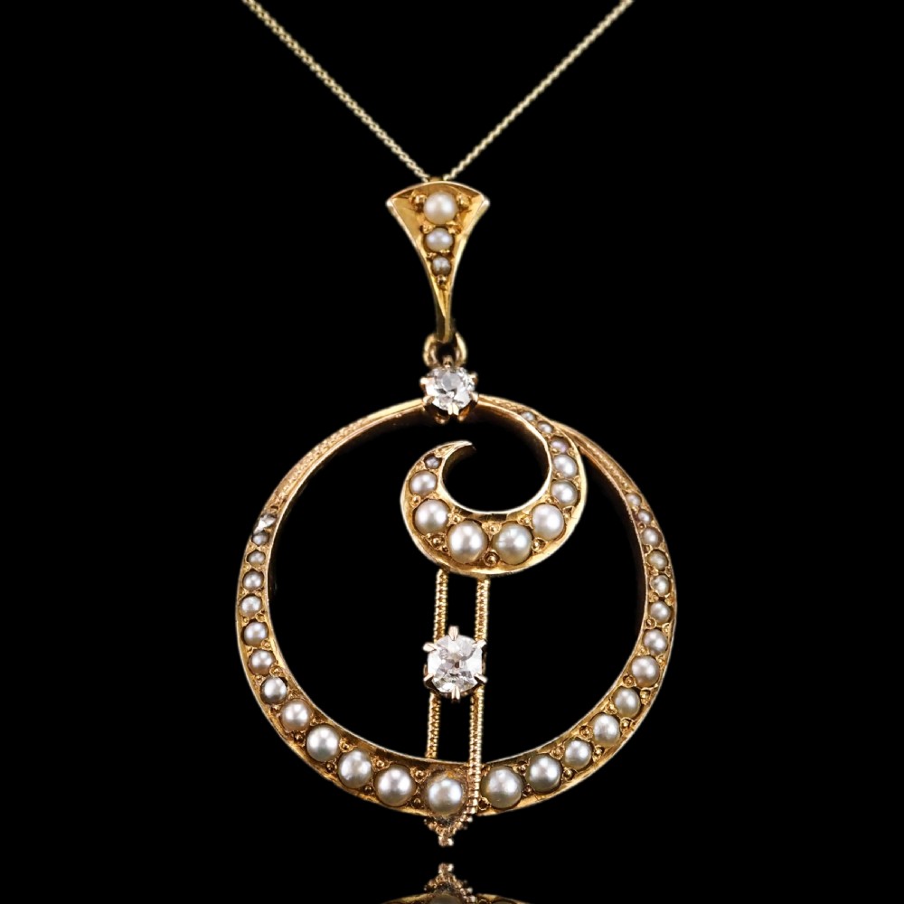 Antique Diamond and Pearl Pendant Necklace 14ct Gold Double Crescent Moon C.1900 View XIII