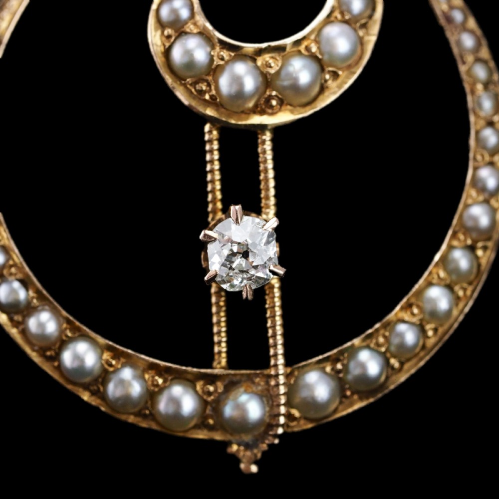 Antique Diamond and Pearl Pendant Necklace 14ct Gold Double Crescent Moon C.1900 View XIV