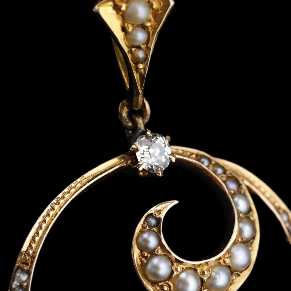 Antique Diamond and Pearl Pendant Necklace 14ct Gold Double Crescent Moon C.1900 View XV