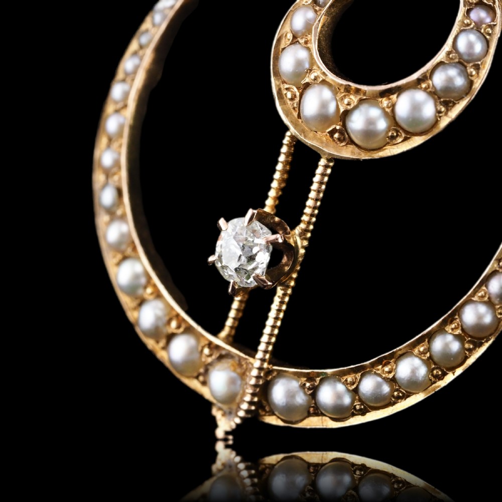 Antique Diamond and Pearl Pendant Necklace 14ct Gold Double Crescent Moon C.1900 View XVI