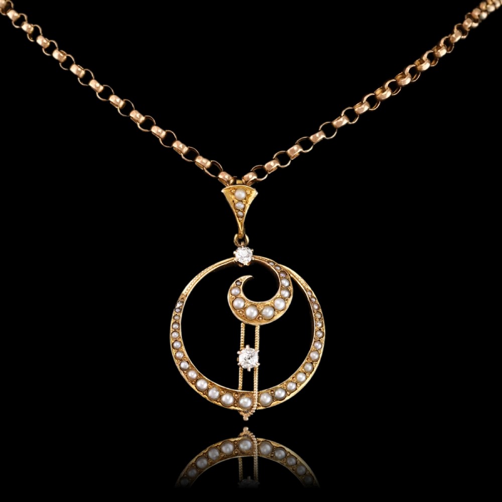 Antique Diamond and Pearl Pendant Necklace 14ct Gold Double Crescent Moon C.1900 View XVII
