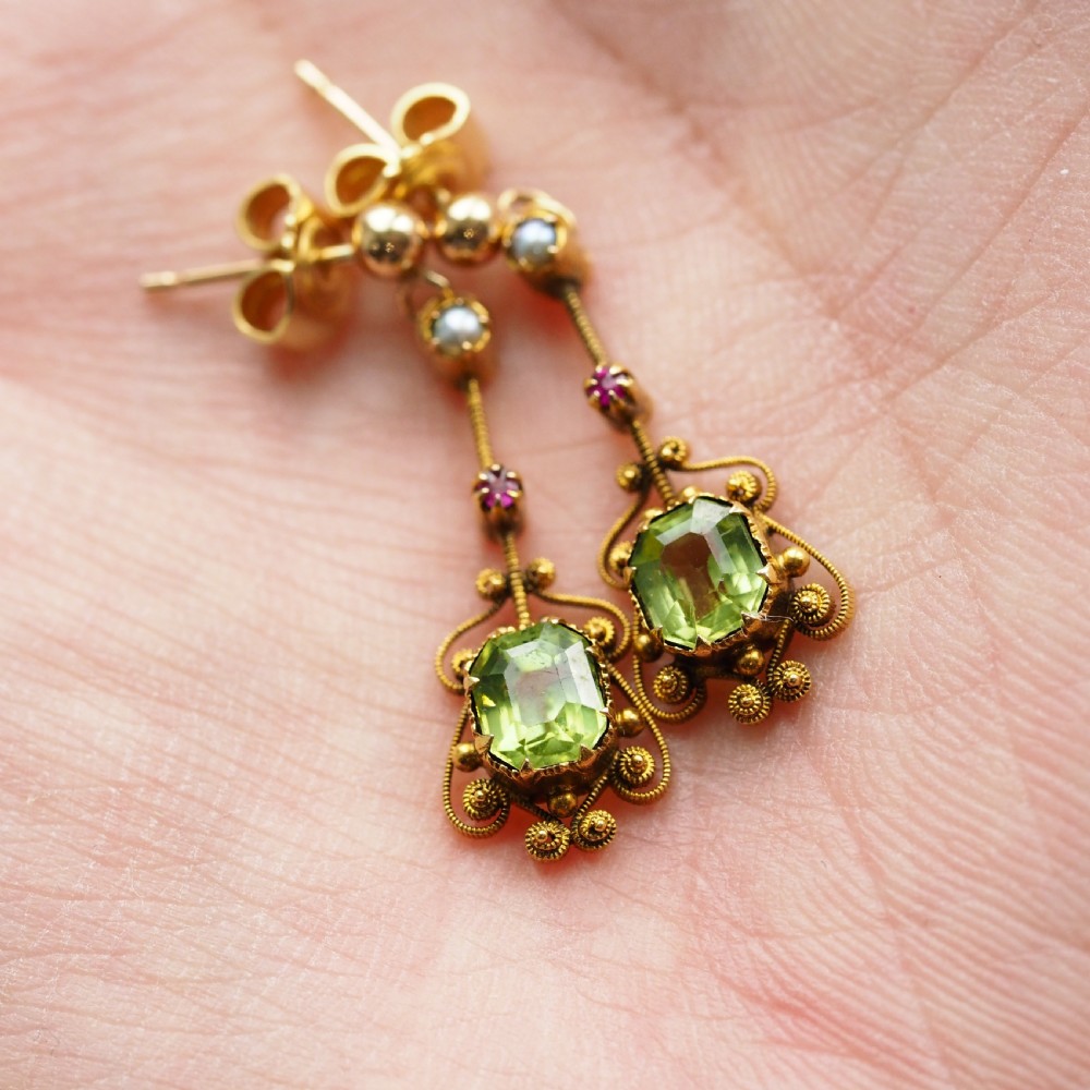 Antique Peridot Ruby and Pearl Earrings 18ct Gold Cannetille Suffragette Design View III