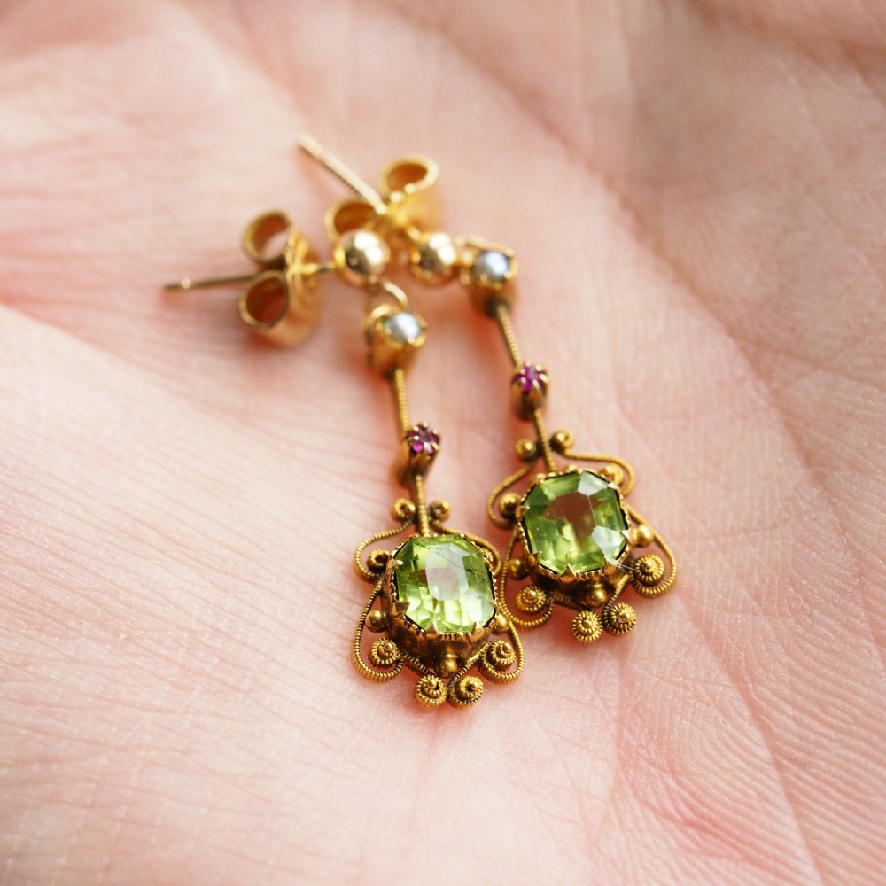 Antique Peridot Ruby and Pearl Earrings 18ct Gold Cannetille Suffragette Design View IV