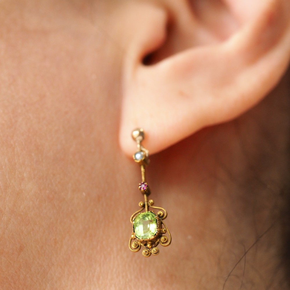 Antique Peridot Ruby and Pearl Earrings 18ct Gold Cannetille Suffragette Design View VI
