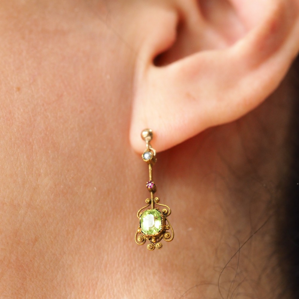 Antique Peridot Ruby and Pearl Earrings 18ct Gold Cannetille Suffragette Design View VII