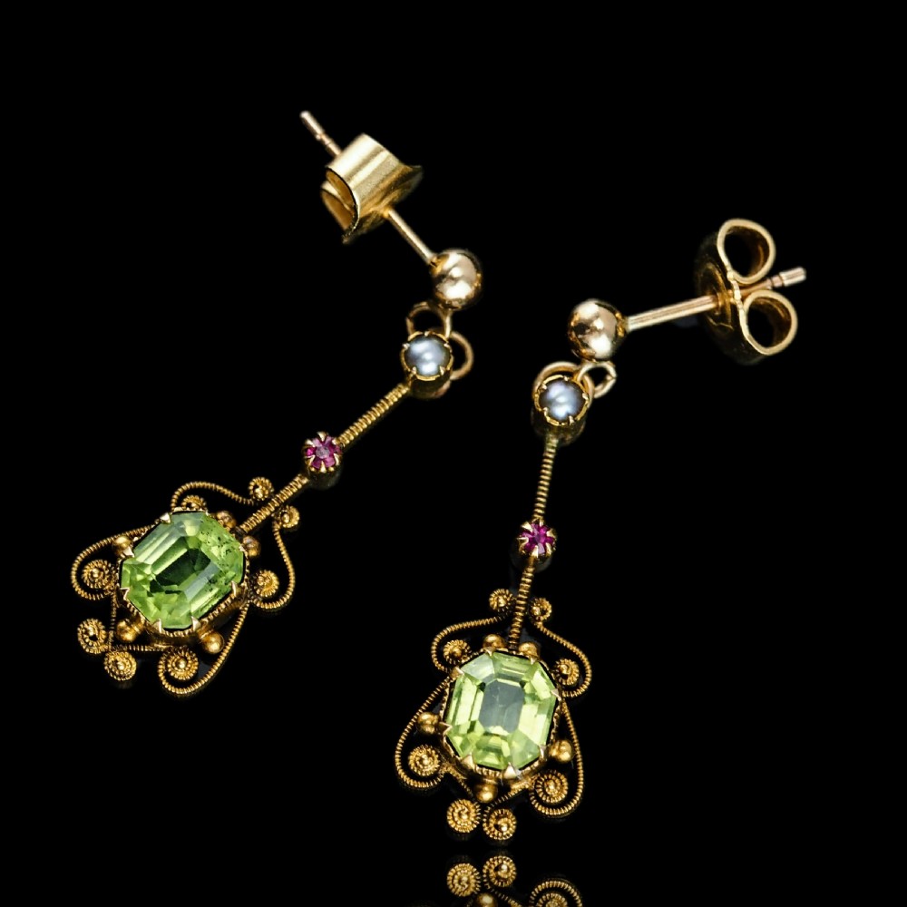 Antique Peridot Ruby and Pearl Earrings 18ct Gold Cannetille Suffragette Design View VIII